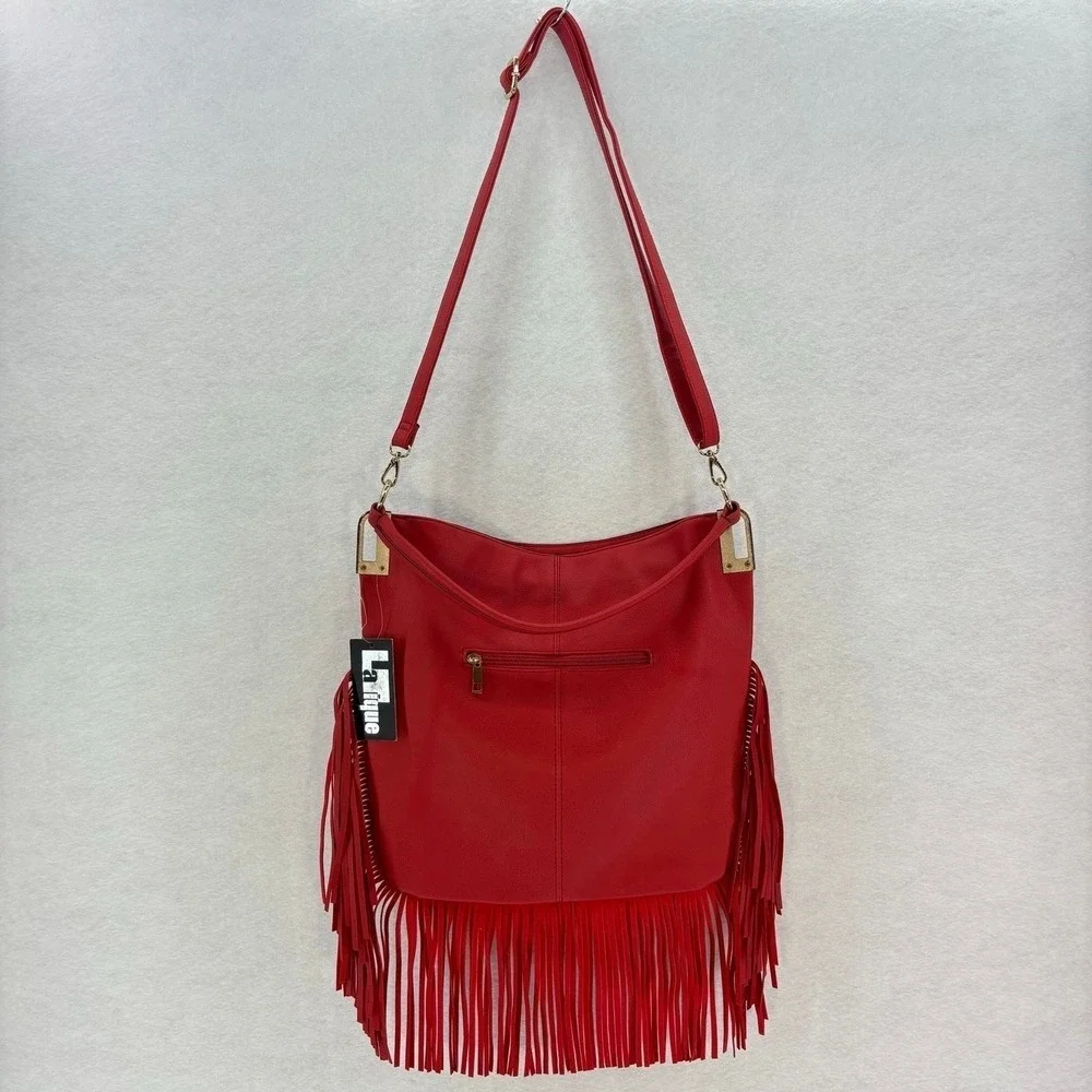 LaTique Red Studded Fringe Hobo Bag Vegan Leather Boho Western Festival Cowgirl